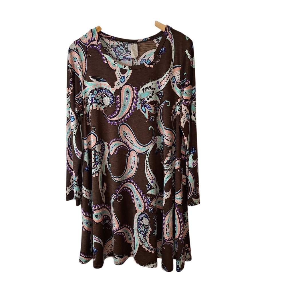 Unbranded Womens Stretch Tunic Top Dress Size 1XL Brown Paisley Pockets Stretch